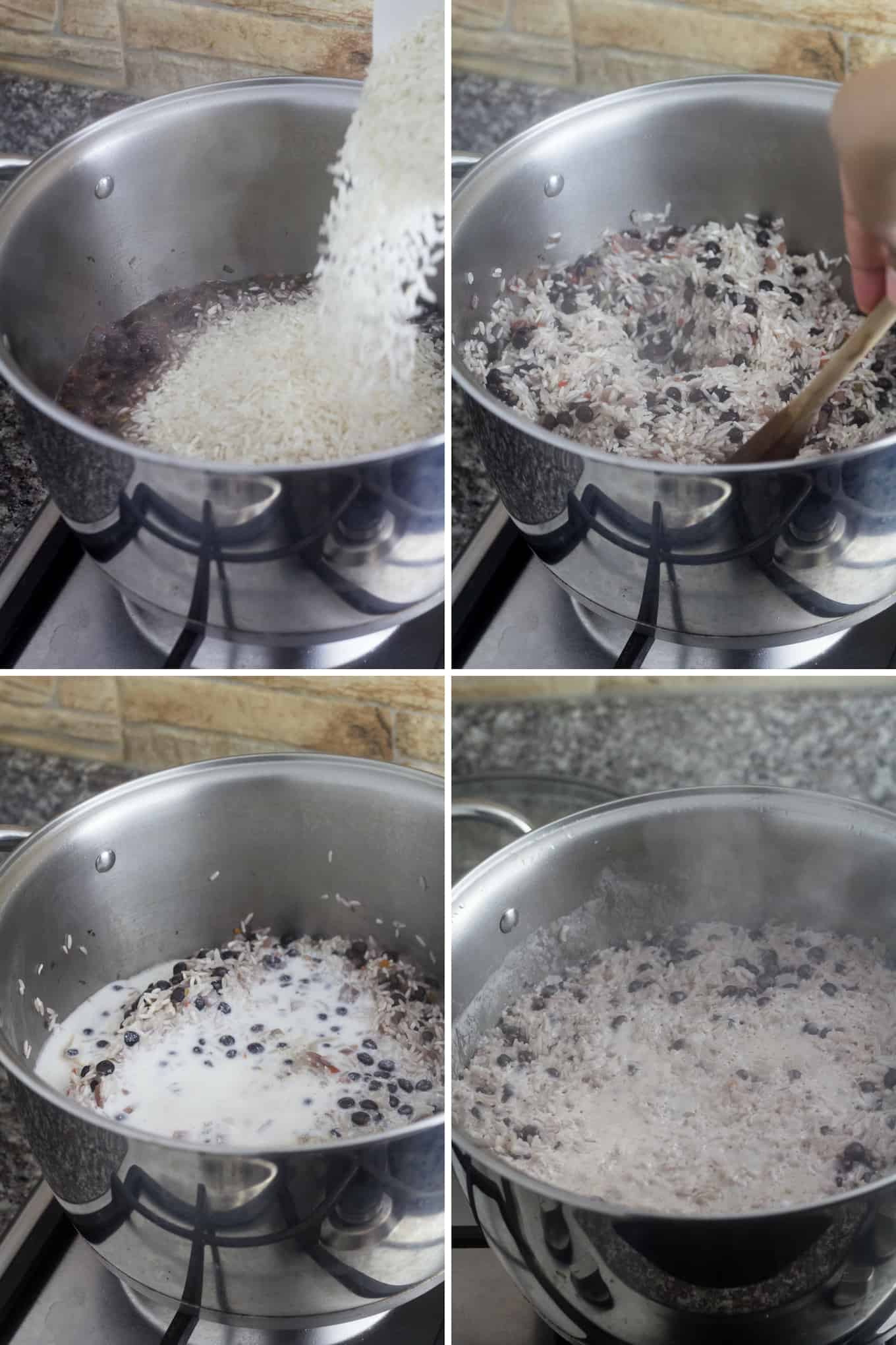 A collage of images, adding the rice to the pot, mixing the rice ingredients, adding coconut milk, and cooking coconut rice with pigeon peas.