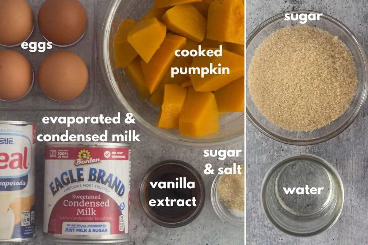 pumpkin flan and caramel ingredients
