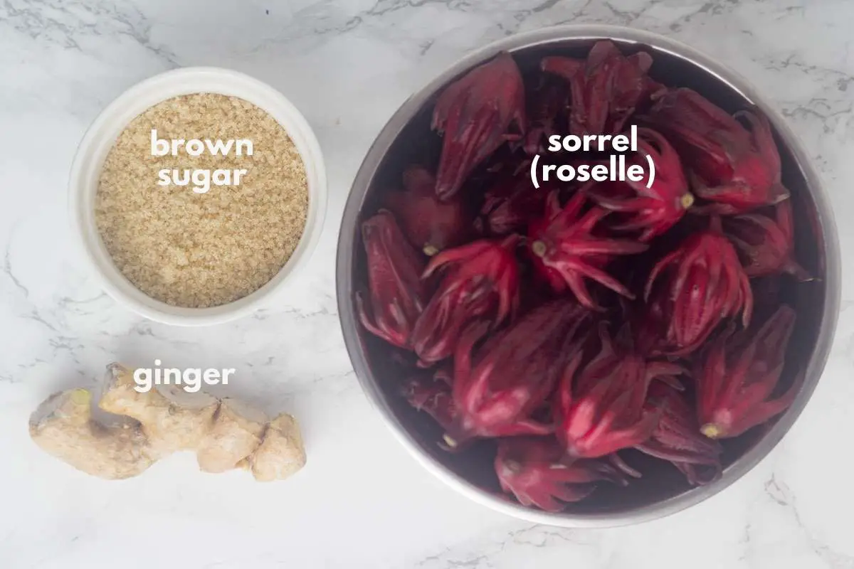 brown sugar in a bowl, sorrel in a bowl and ginger