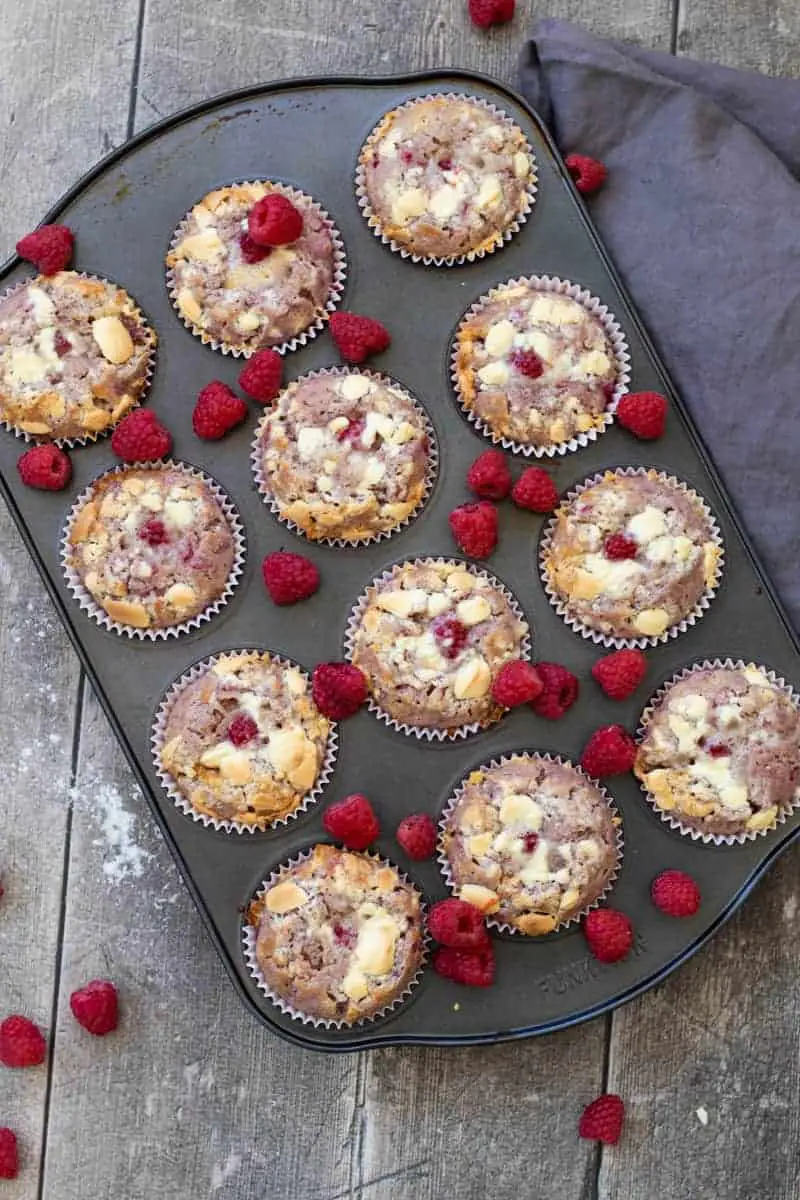 a muffin tin with twelve muffins baked