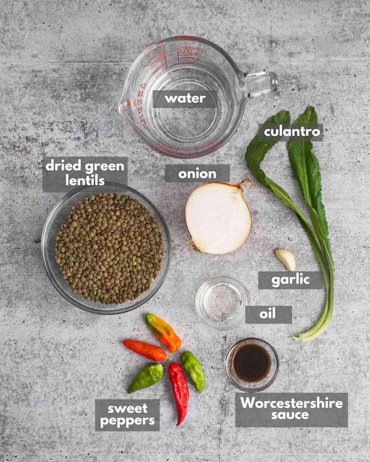 top down view of the ingredients for cooking lentils