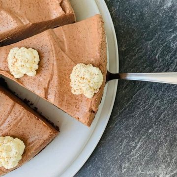 top view of a slice of chocolate ricotta cheesecake