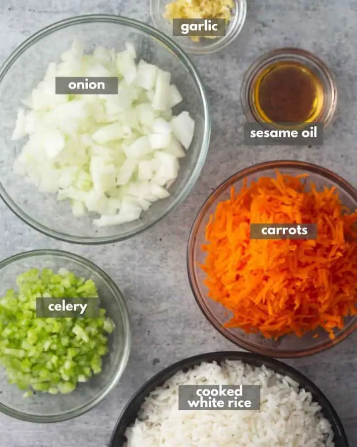 top view of the chopped ingredients for the rice