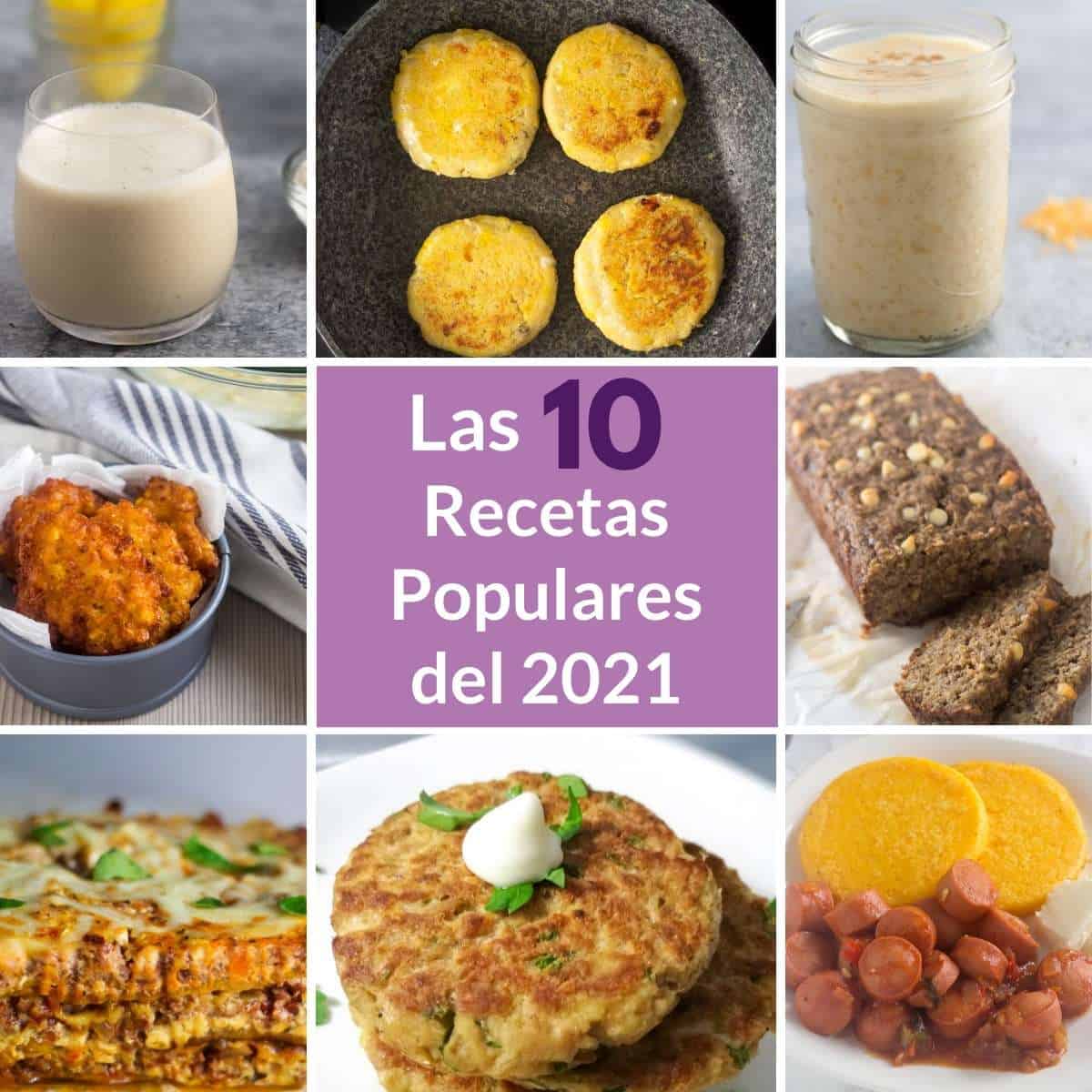 un collage de 8 platos terminados y un texto superpuesto "Las 10 mejores recetas de 2021".