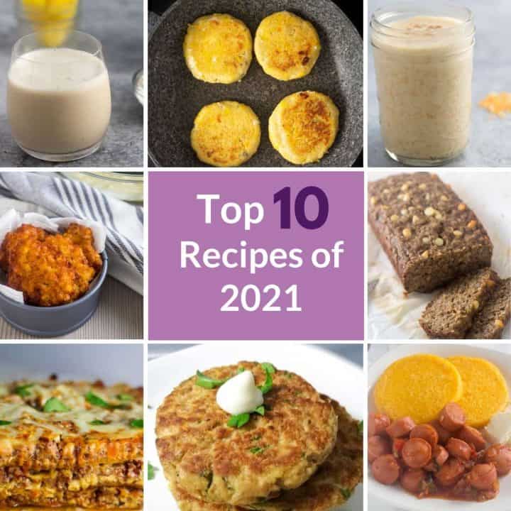 a collage of 8 finished dishes and a overlay text "Top 10 Recipes of 2021"