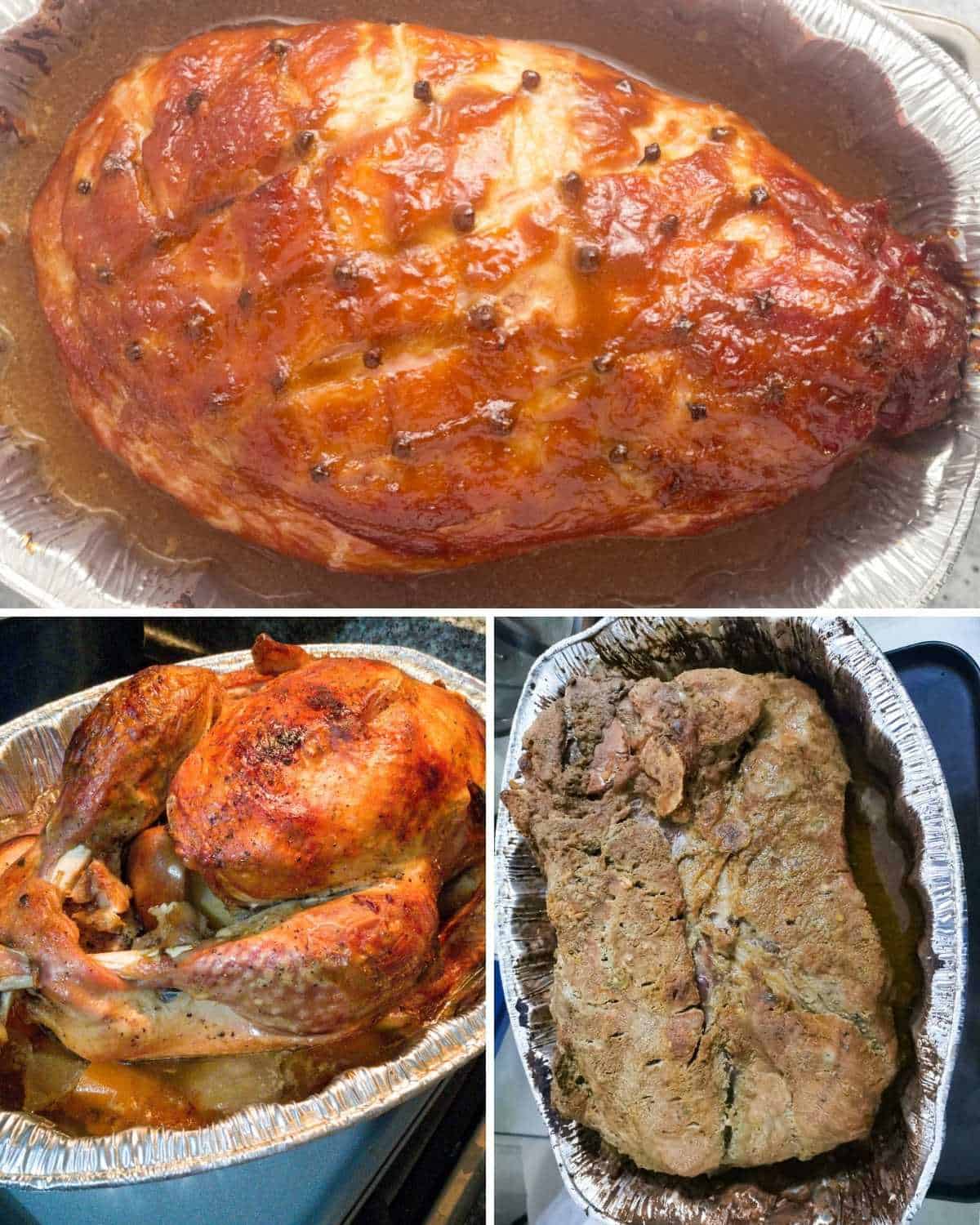 A collage of baked ham, baked turkey, and roasted pork leg.