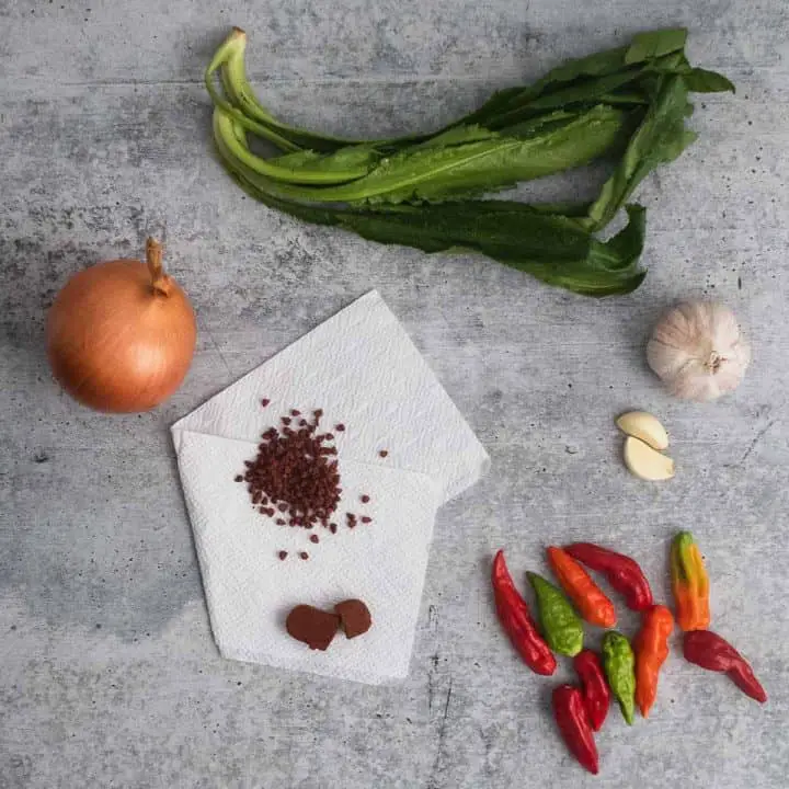 A top view of Panamanian sofrito ingredients (Annatto seeds, achiote bar, ajies dulces, garlic and cloves, onion and culantro leaves).