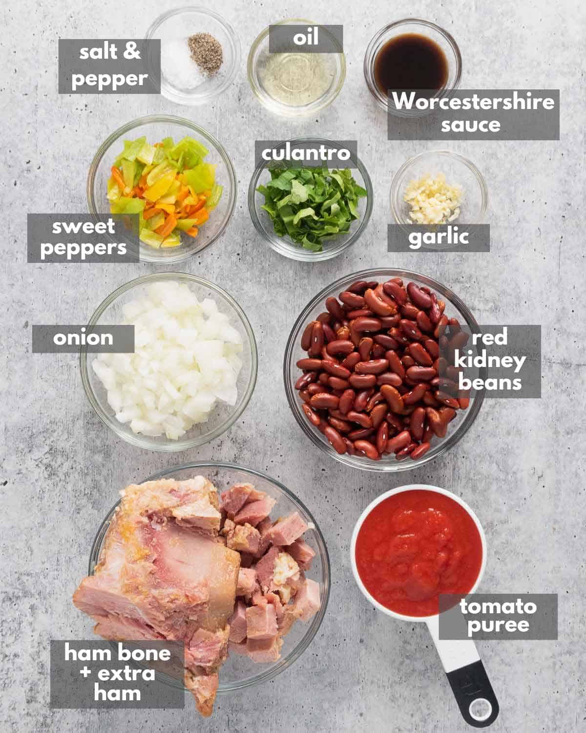 A top view of ingredients to make red kidney beans and ham bone.
