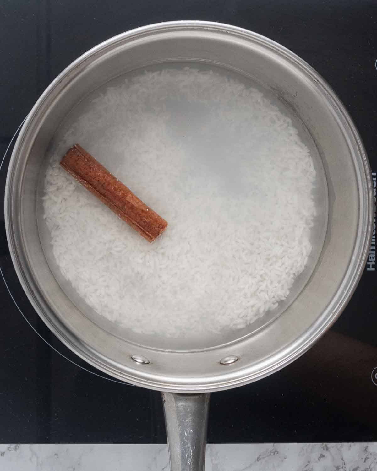 A pot with uncooked rice, a cinnamon stick and water.