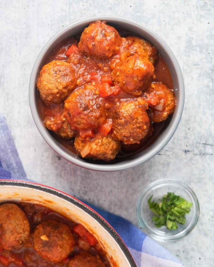 Easy Dutch Oven Meatballs in Tomato Sofrito Sauce (Stovetop)