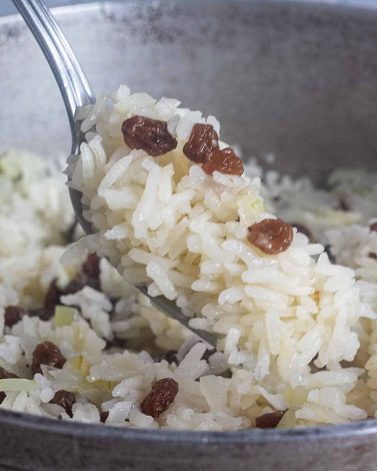 A spoonful closeup of rice with raisins.