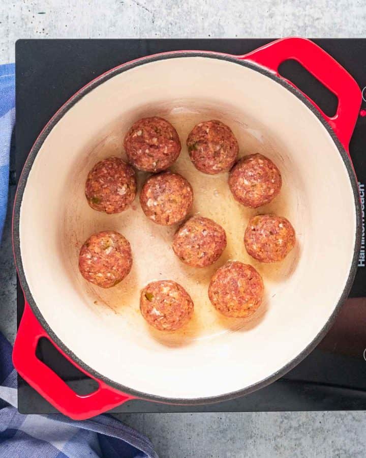 Easy Dutch Oven Meatballs in Tomato Sofrito Sauce (Stovetop)