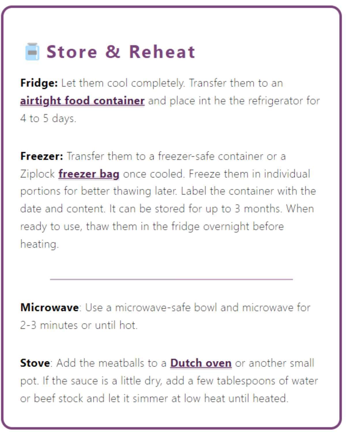 Screenshot of the storage instructions box in Nashi Food blog posts.